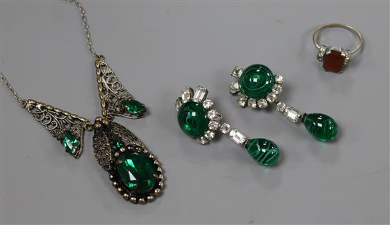 A pair of green and white paste set drop earrings, a paste necklace and paste set ring.